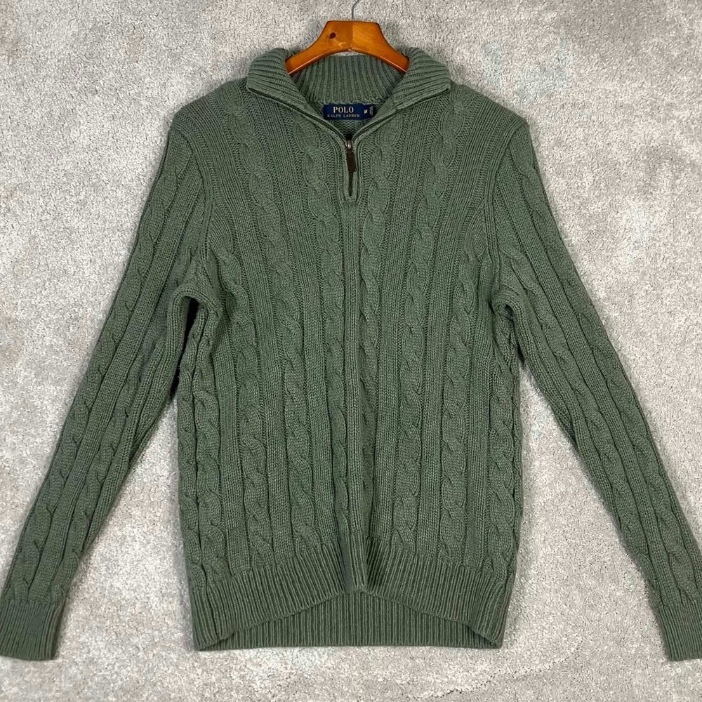 Polo Ralph Lauren Mens Green 100% Tussah Silk Cable Knit Quarter Zip Sweater M